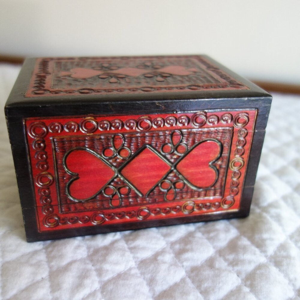 Handmade / carved / stained double compartment hinged wooden box